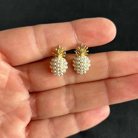 French Retro Pineapple 18k gold Pearl stud  Earrings real 925 posts pina colada - Picture 3 of 6